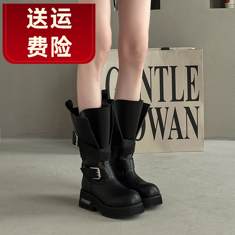 ins潮牌高筒短靴百搭小个子英伦风时尚秋冬洋气黑色骑士靴女成年