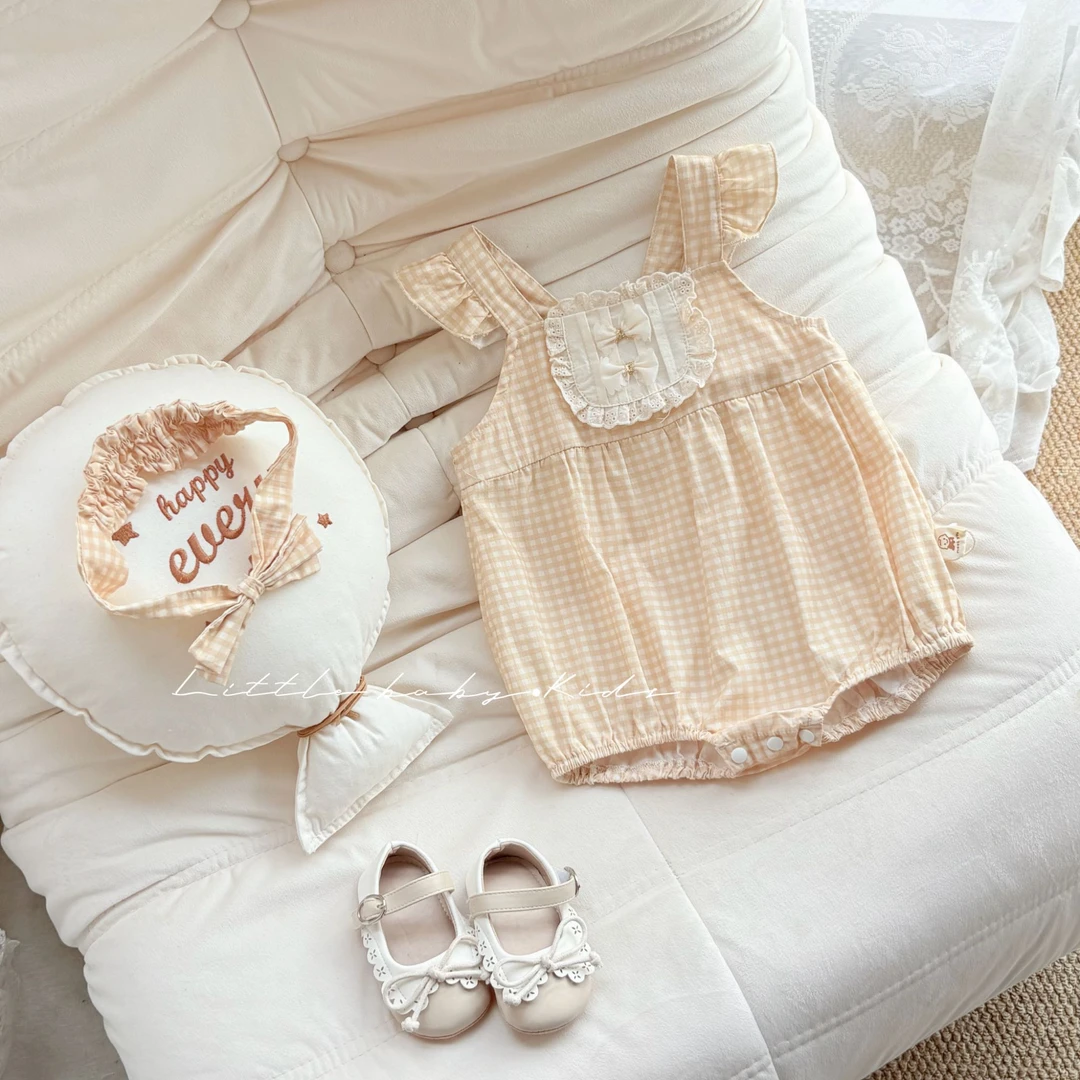 2025夏季新品婴幼儿哈衣+发带女宝宝甜美公主哈衣洋气格子外出服