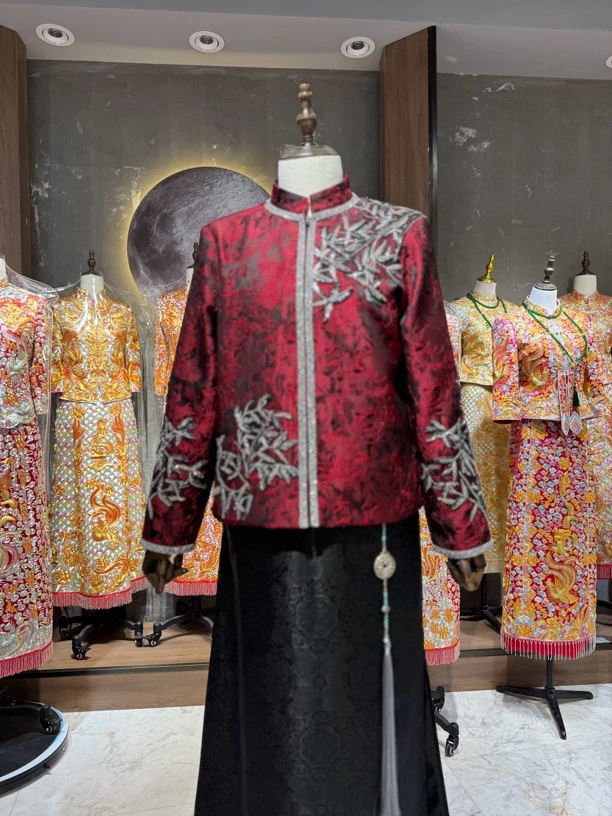 国风撞色2025新款复古男士秀禾服新中式风青春流行敬酒服接亲礼服