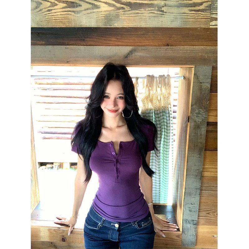 修身紫色短袖正肩T恤女夏季紧身收腰纯欲辣妹显身材弹力百搭上衣
