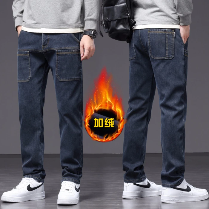 PYHEM加绒加厚六兜牛仔裤男式秋冬多袋工装休闲直筒保暖长裤子
