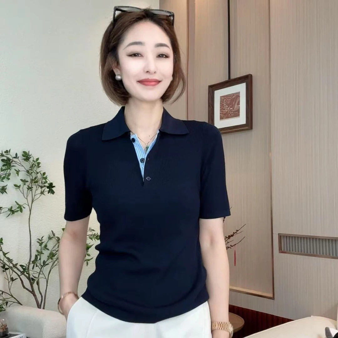 FIGO LOVE 夏季拼接重工高级POLO通勤必备显瘦针织上衣21677