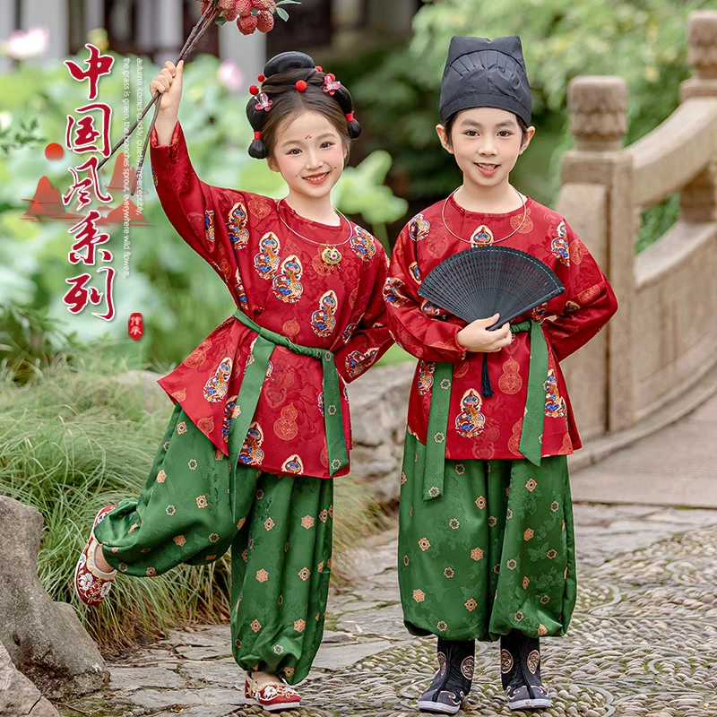 儿童秋季新中式唐装男女童古装长安行国风套装小学生开笔记表演服