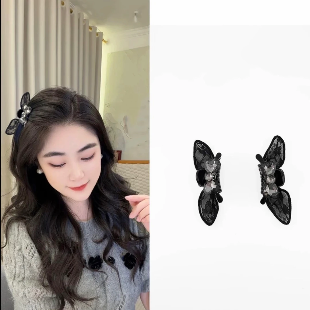 黑色精灵2025年新款刘海夹侧边夹抓夹蝴蝶结大钻韩系兔耳朵