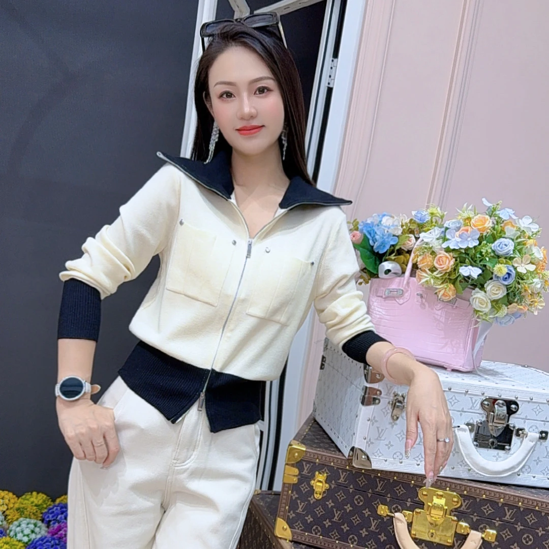 【芳芳私服】气质简约撞色百搭翻领针织衫女长袖2025秋冬时尚上衣