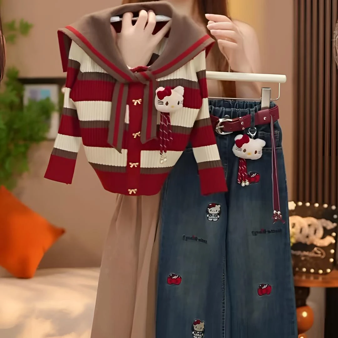 女童春秋季套装2025新款儿童条纹毛衣外套牛仔裤中大童秋装两件套