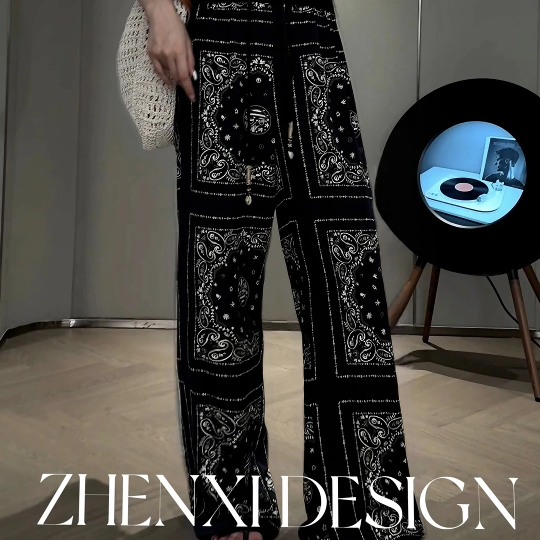 针西【大牌印花裤】高个子夏季复古提花对称显瘦阔腿裤K80214