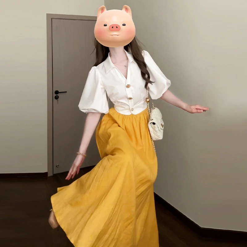 4050法式气质黄色半身连衣裙子女夏季新款设计感白色衬衫套装长裙