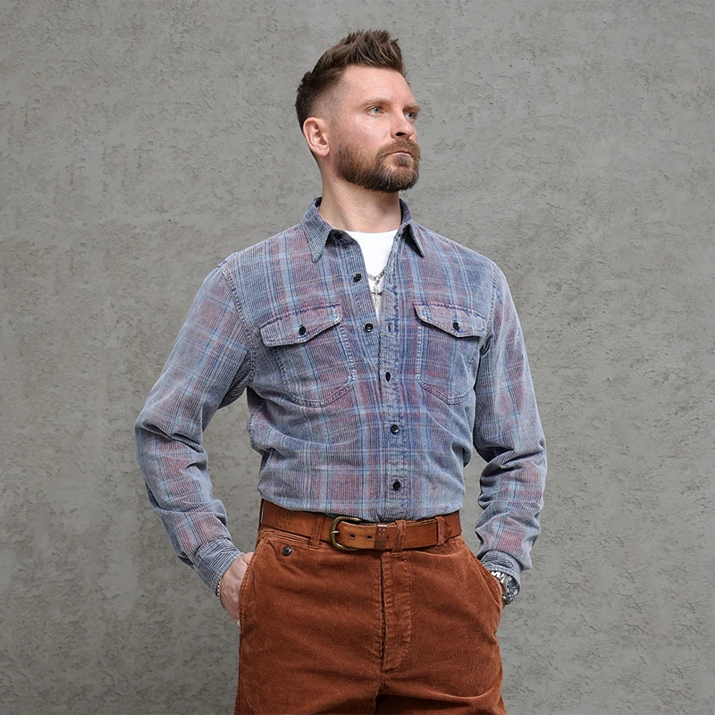 西里布S137美式复古灯芯绒格纹衬衫拔染磨白水洗薄款条绒休闲衬衣