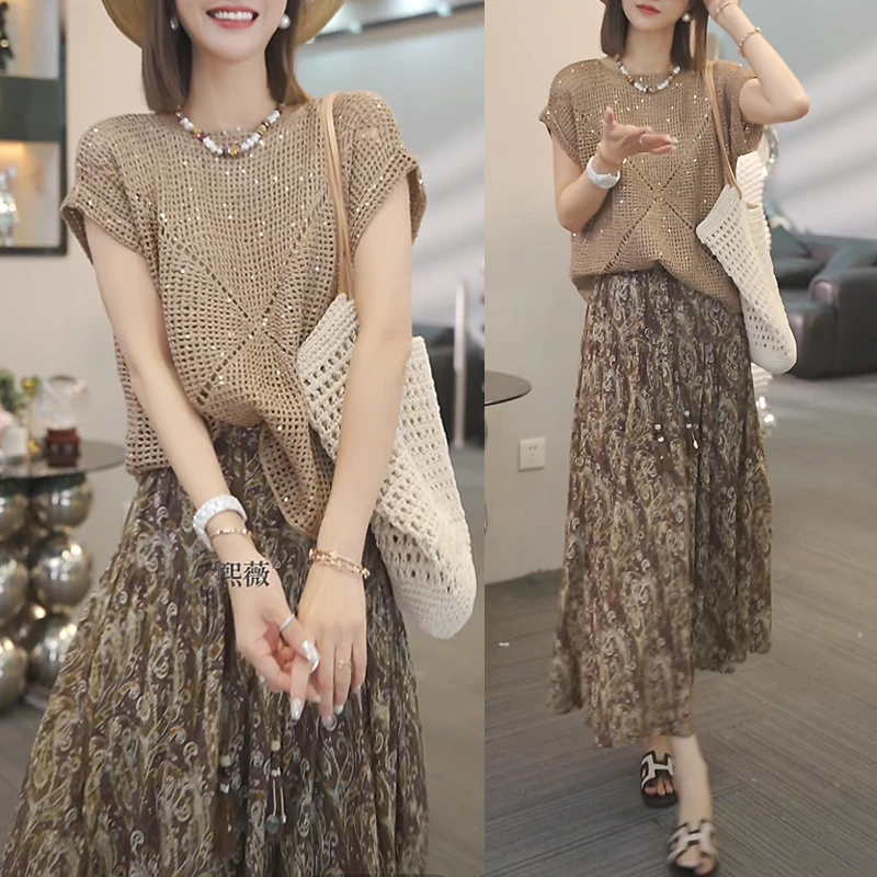 洋气衣服夏装穿搭一整套2025新款休闲短袖针织衫半身裙时尚套装女