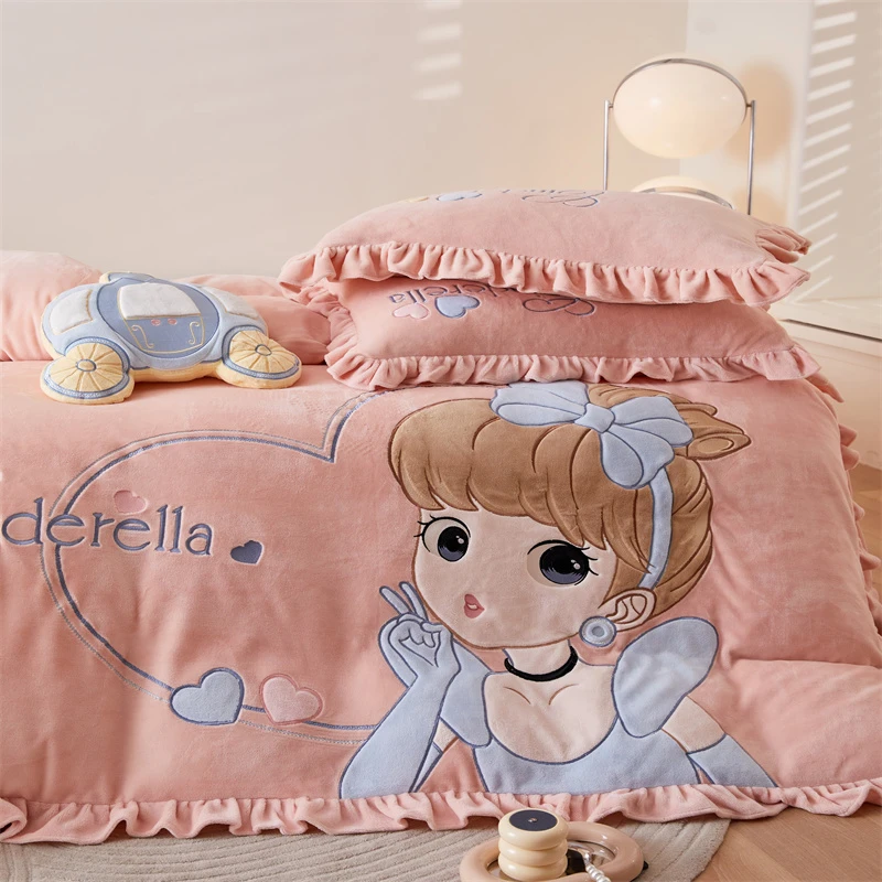 童话之约单被套蛋白牛奶绒可爱加绒绣花厚款贴布绣韩版花边被套