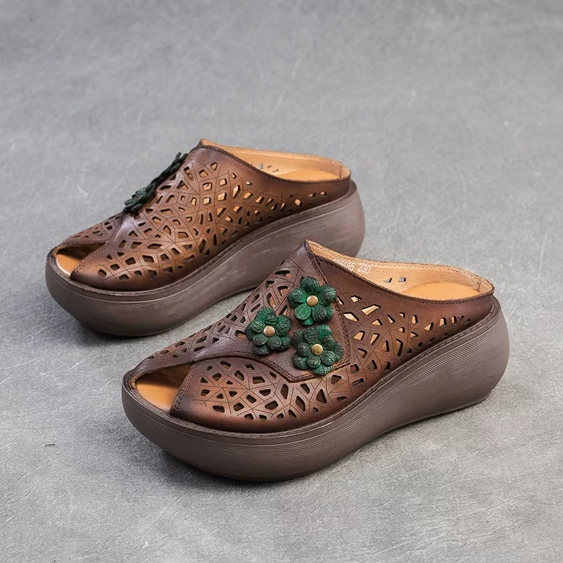 【撤柜清仓】真皮凉鞋2025年夏季新鱼嘴镂空透气拖鞋民族风坡跟女鞋