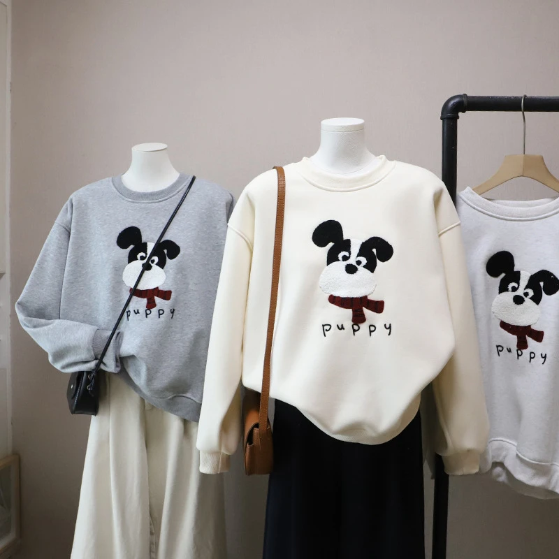 [比正]2025秋冬新韩版圆领卡通毛巾绣加绒加厚休闲百搭卫衣女5790