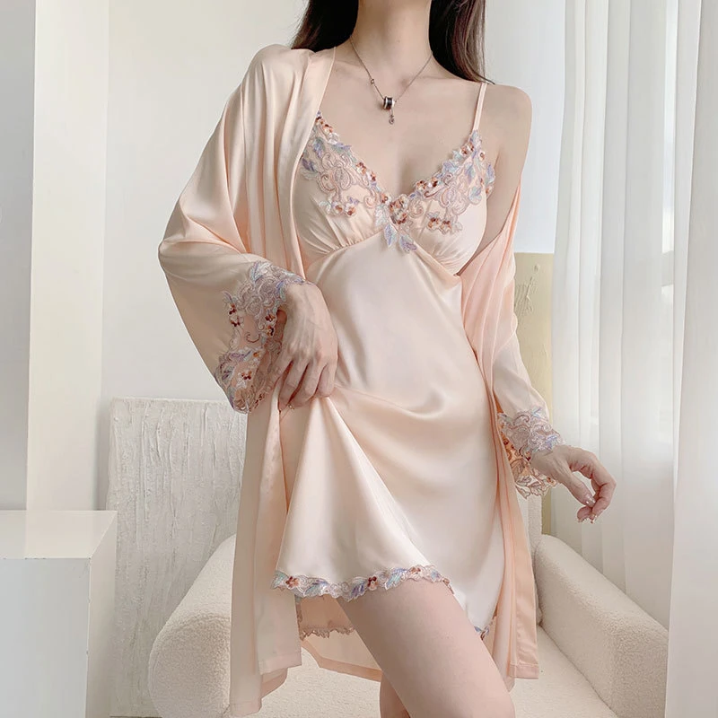 吊带超薄款睡裙冰丝两件套夏季露背蕾丝花边新款带