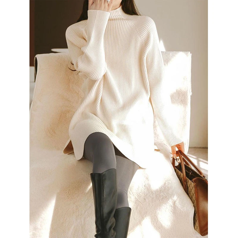 大码毛衣百搭好穿中长款女装秋冬韩版宽松半高领a字针织打底衫女