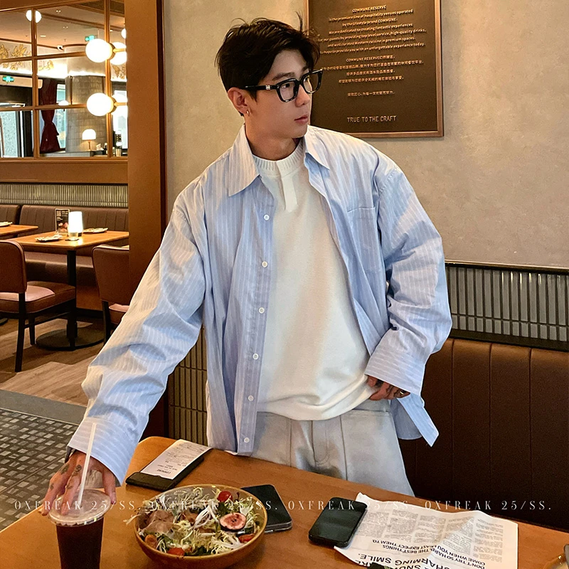 OXFREAK 「高智感 通勤风」奶蓝色条纹长袖衬衫男高级感宽松衬衣