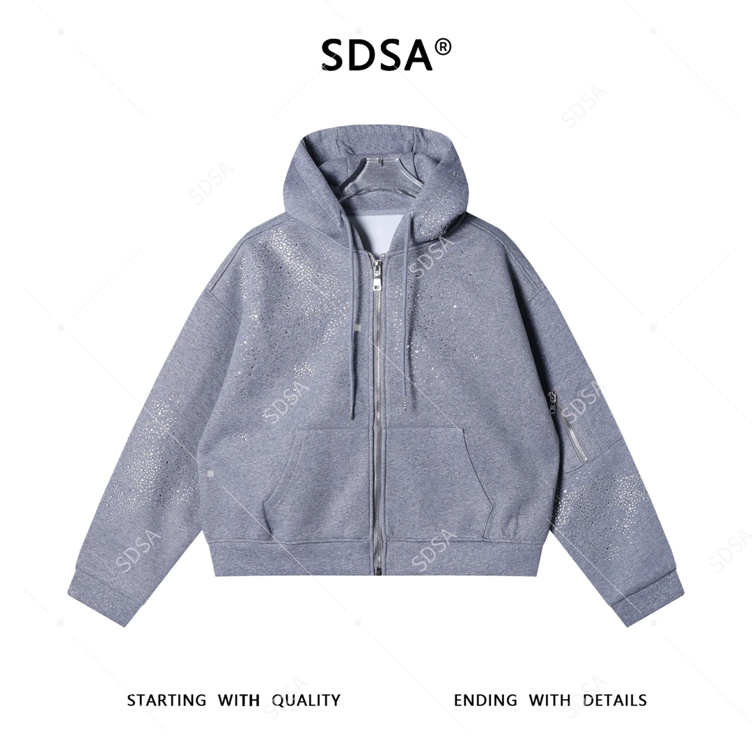 SDSA秋冬新款痞帅男装韩版简约纯色烫钻抽绳拉链连帽卫衣百搭时尚