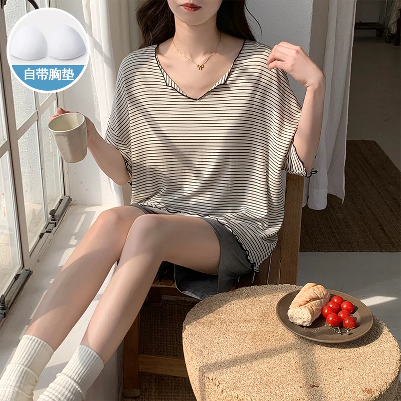 莫代尔睡衣女夏天薄款短袖套装带胸垫防凸点宽松薄款家居服可外穿