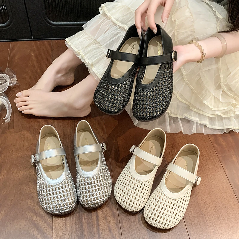 玛丽珍单鞋女2025夏季新款平底软底一字带网面镂空编织渔网鞋凉鞋
