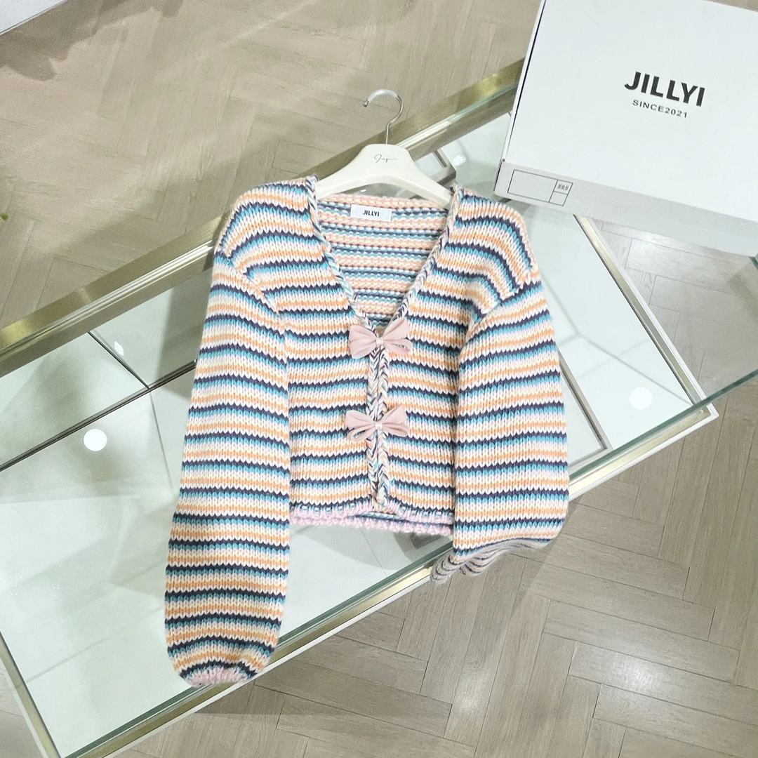JILLYI【彩虹日记】蓝橘线条V领编织工艺少女气质元气百搭