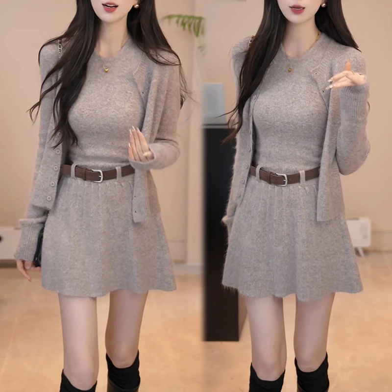 【北雁南飞】时尚气质显瘦针织开衫裙子两件套2025秋冬新款百搭套装