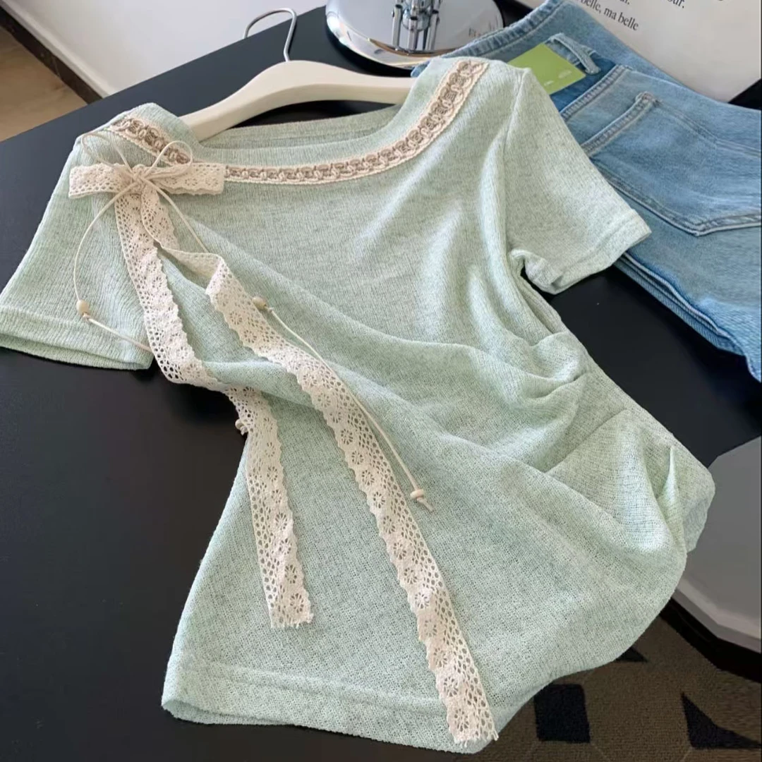 【8620】夏装法式纯欲甜美风短袖T恤女设计感蕾丝蝴蝶结小衫上衣