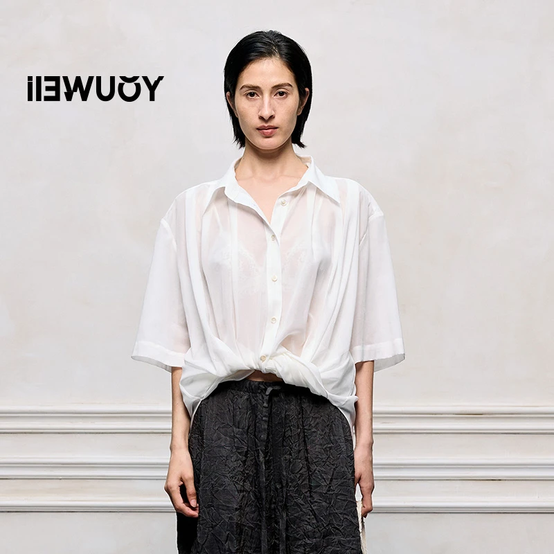 有尾YOUWEI不规则透感白色时尚百搭衬衣短袖衬衫气质上衣Y1425219