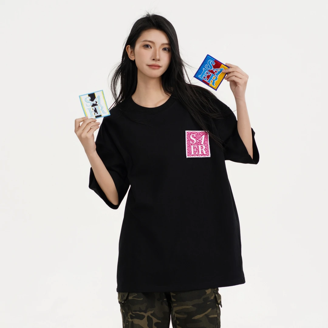 ROMECL纯棉美式高街字母章仔魔术贴刺绣短袖T恤男女宽松情侣上衣