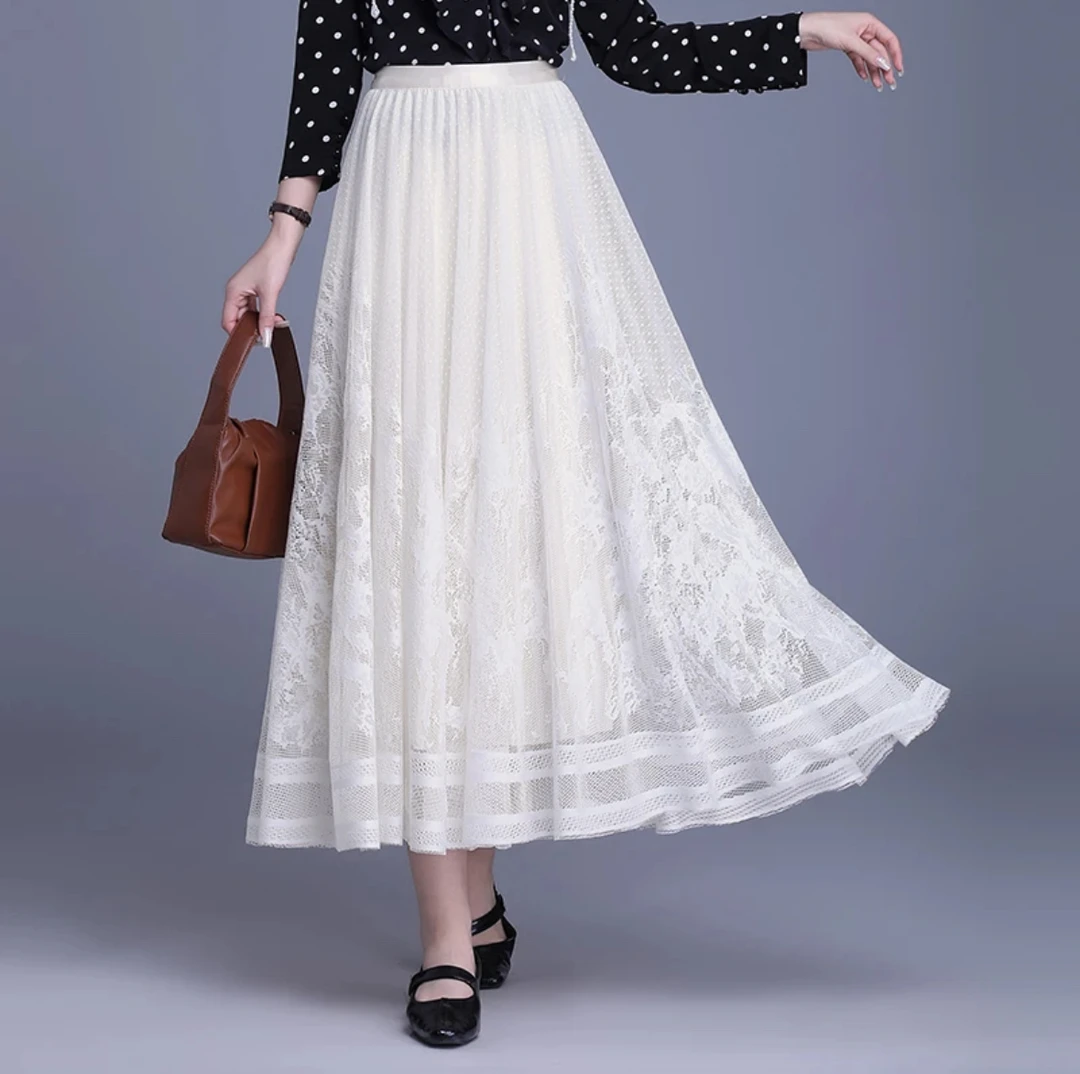【正反两穿】蕾丝百褶长裙双层大摆裙春夏高腰显瘦气质A字遮胯时尚