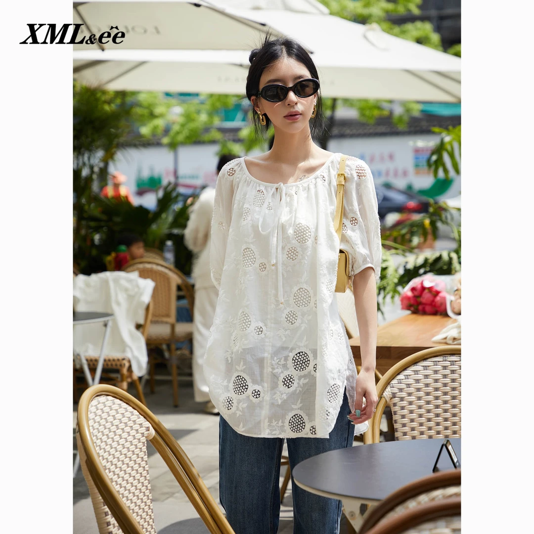 XMLee艾米尔 镂空刺绣苎麻百搭上衣衬衫 Y423B1396