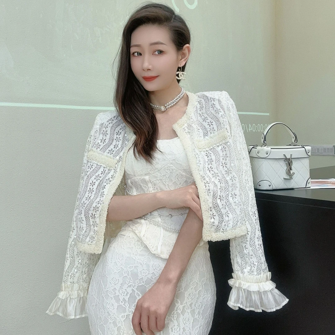 [春歌]2025名媛重工蕾丝钉珠镂空小香风外套精致时尚设计师轻奢款