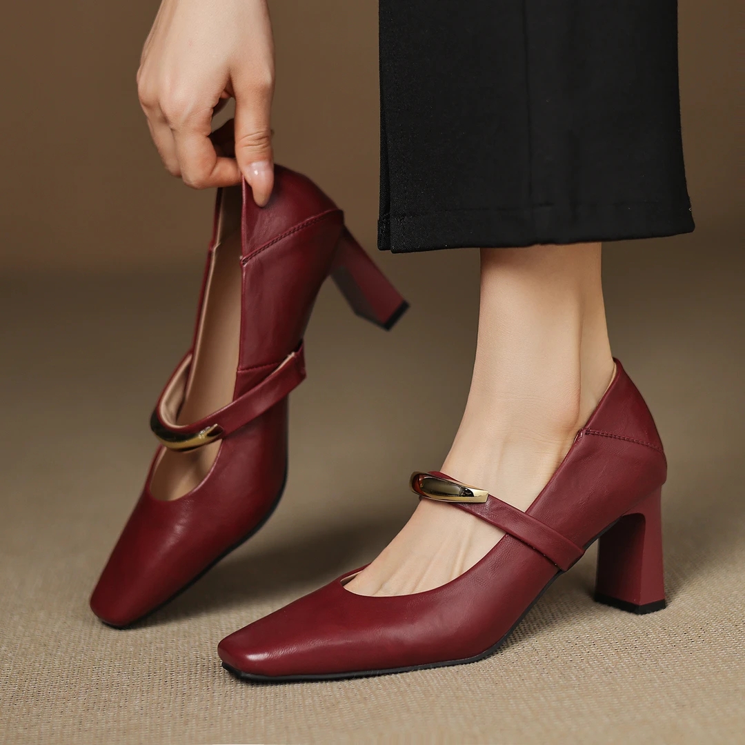 【跟高6cm】真皮百搭舒适复古高跟鞋女粗跟方头浅口柔软新款女鞋子