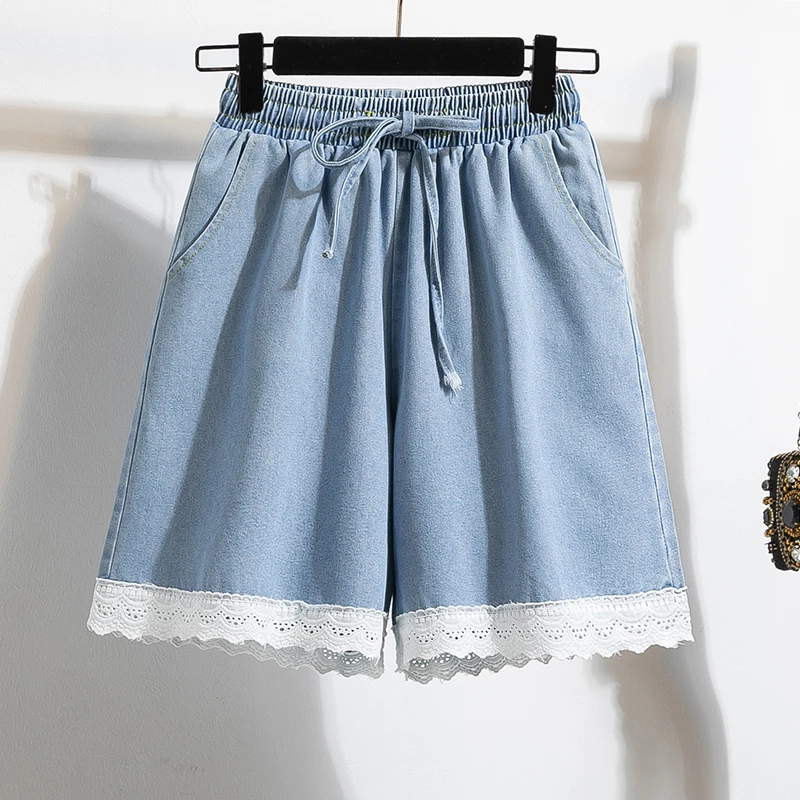 胖女童牛仔短裤夏季加肥加大偏胖女孩松紧腰裤子初中生高腰阔腿裤