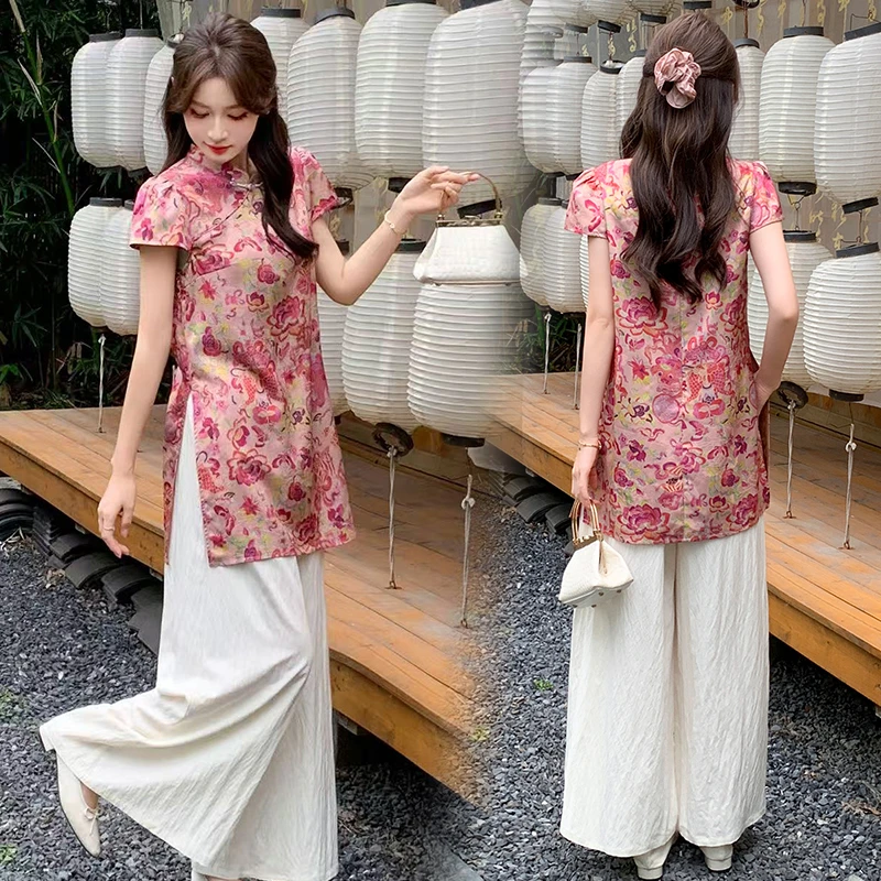 新中式国风印花盘扣上衣加阔腿裤两件套装轻熟风复古通勤穿搭夏季
