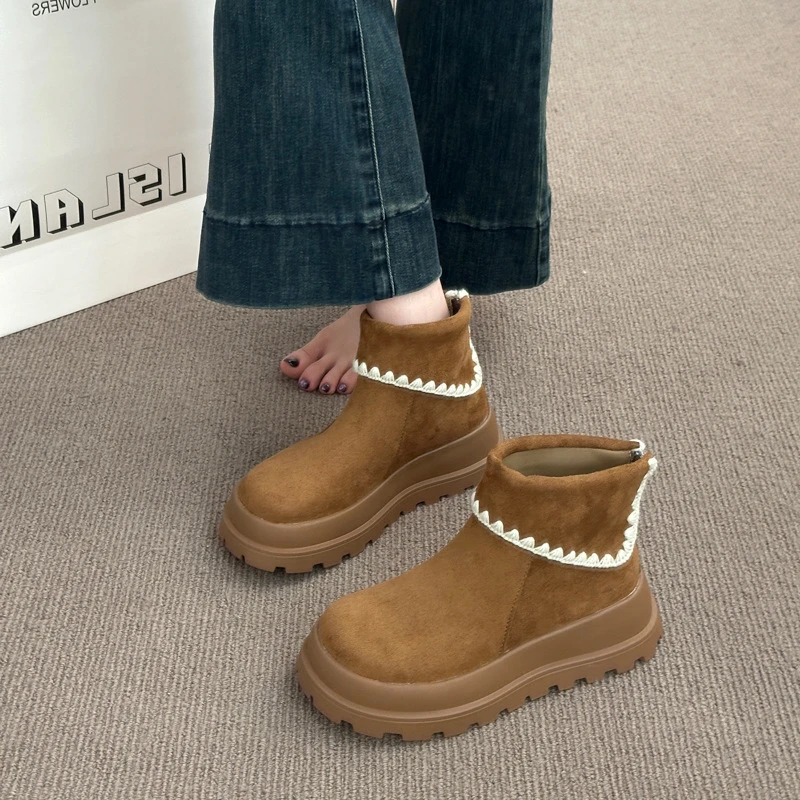 简约短靴厚底内增高雪地靴2025秋冬新款花边保暖勃肯鞋大棉鞋