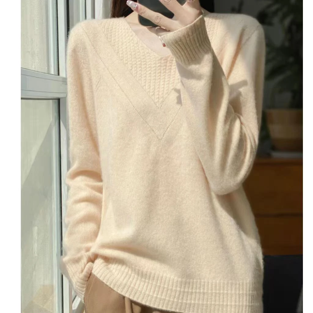 涵玖玥【100羊毛】V领精致套头麻花细织上衣Z新07-090