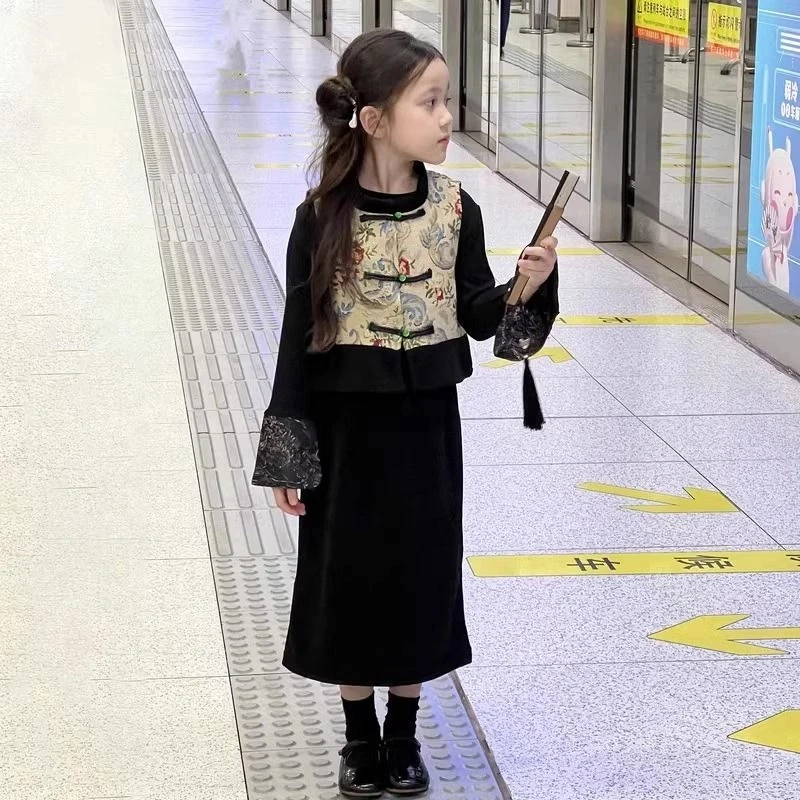 女童裙子儿童套装秋季2025新款春秋女大童新中式旗袍秋装千金风潮