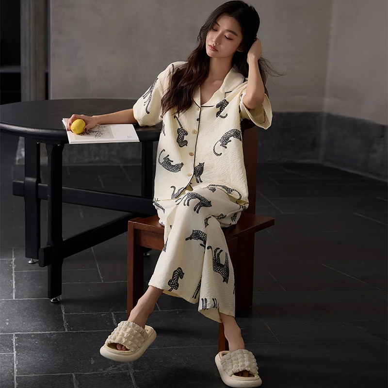 云朵棉睡衣女夏季薄款短袖长裤带胸垫防凸点夏天可外穿家居服套装