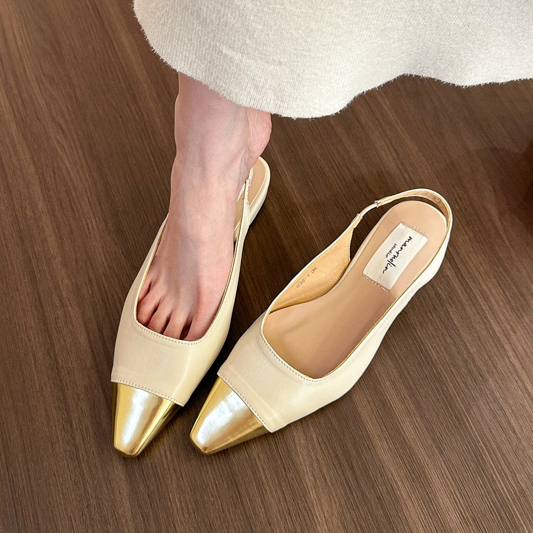Amroze爆款~ 爆好看！尖头拼接浅口凉鞋女2025春夏后空低跟平底鞋