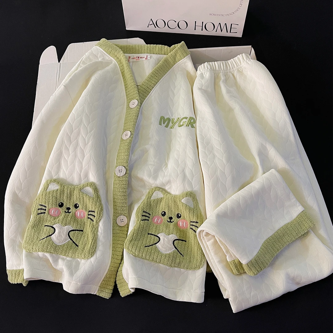 空气棉夹层睡衣女款秋冬季加厚保暖日系卡通可外穿宽松家居服套装