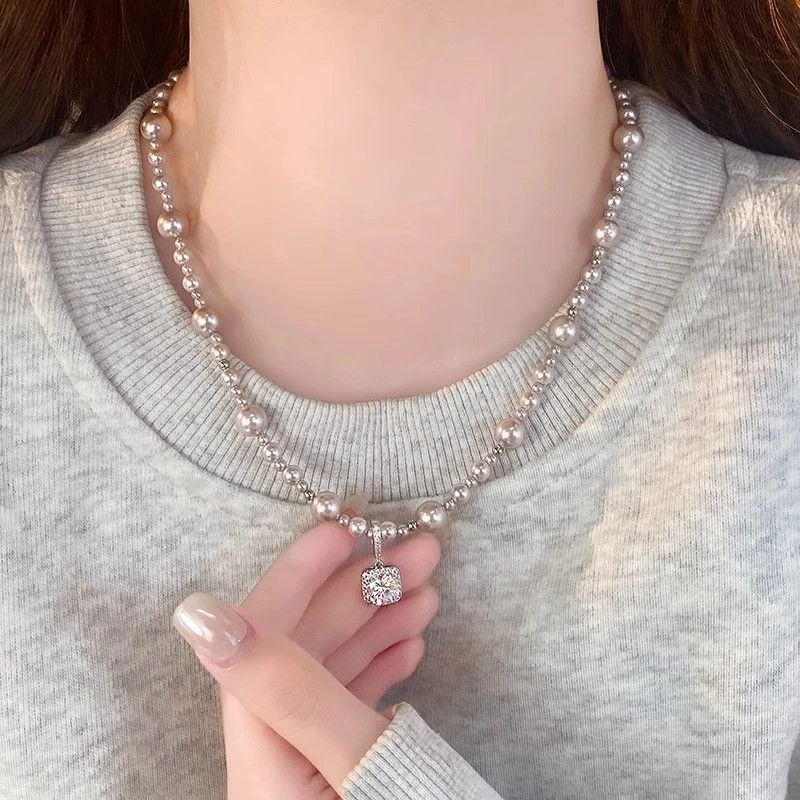 合金合成锆石吊坠 女百搭无镀层锁骨链拼接设计感小众素款手工