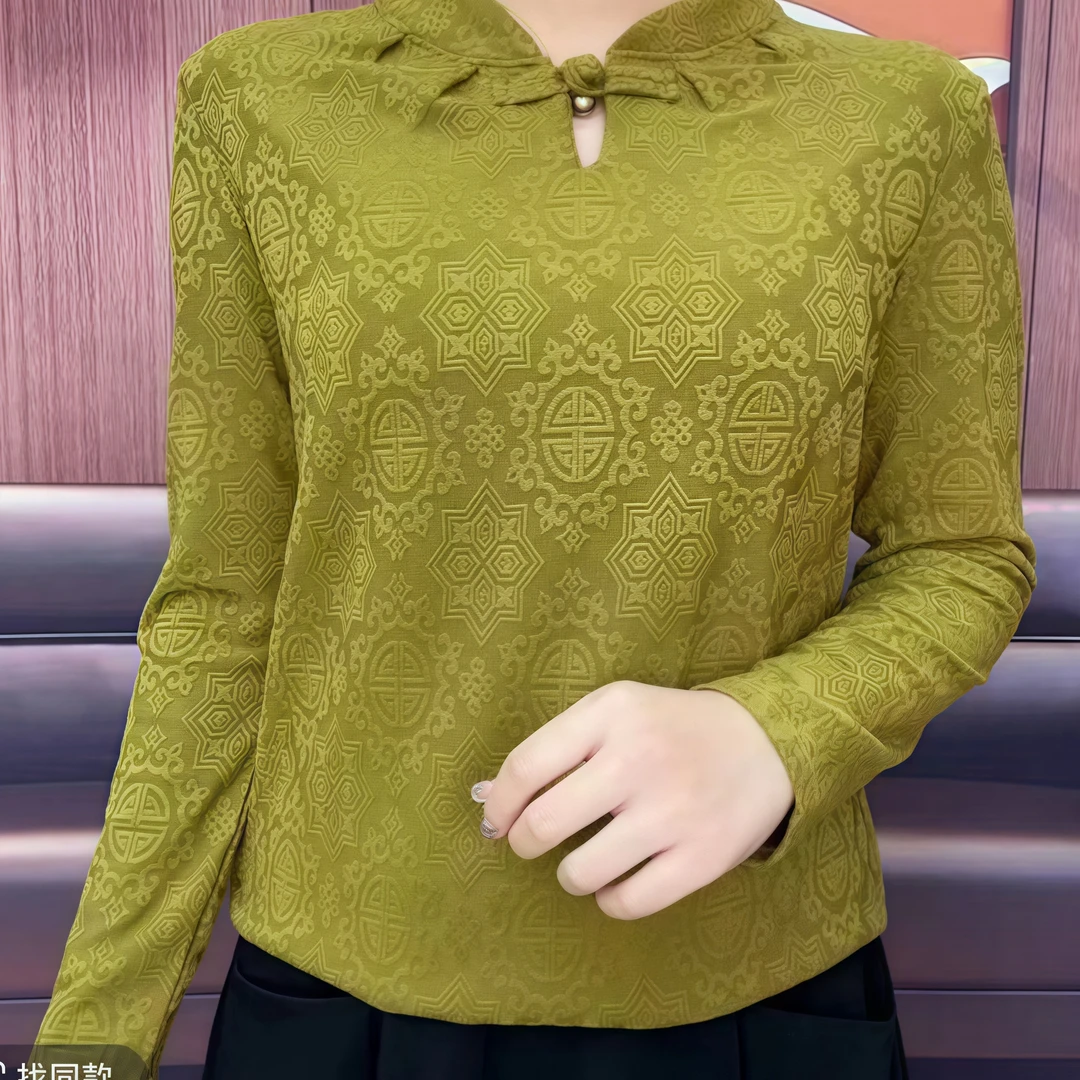 2410中老年秋装半高领打底衫女装气质提花盘扣
