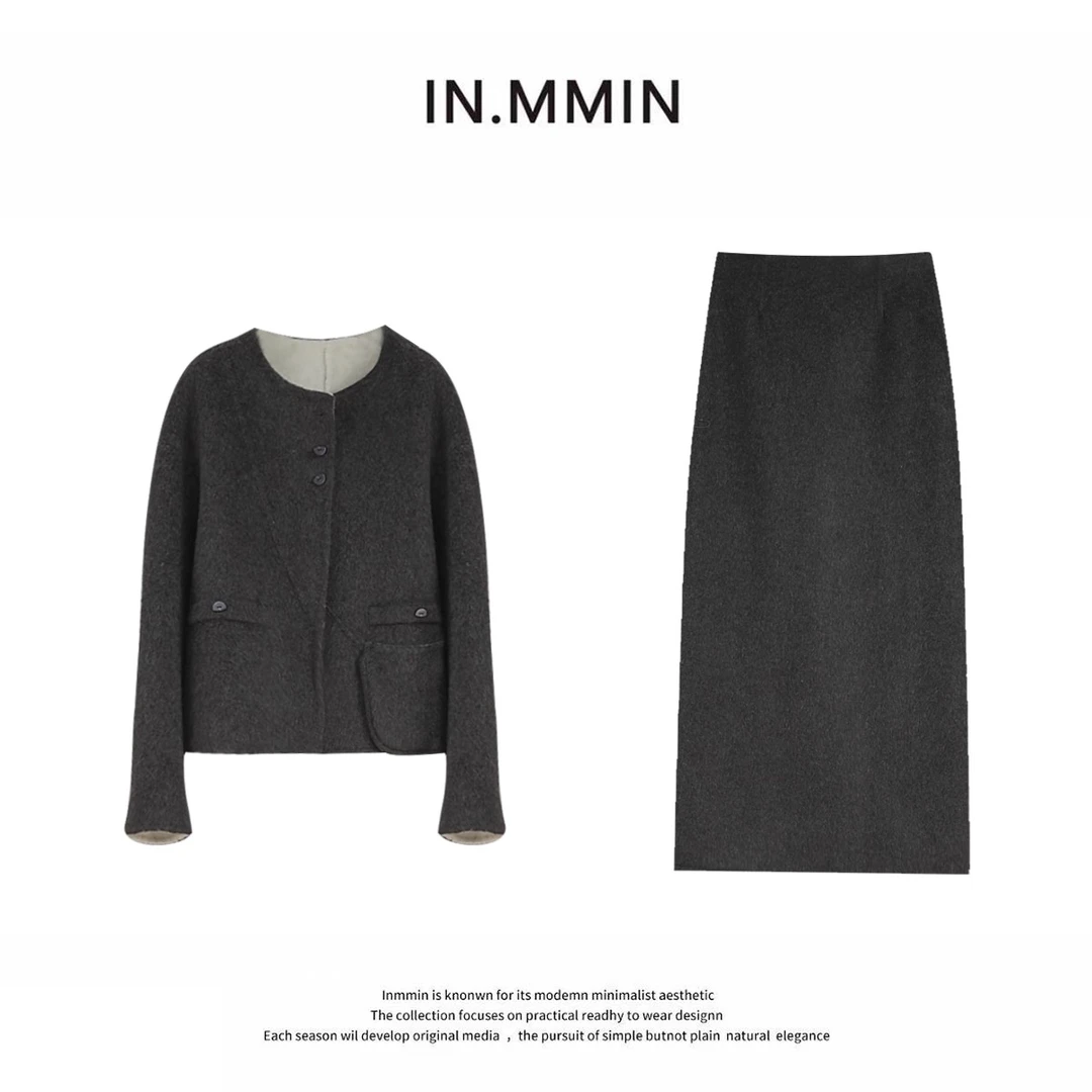 INMMIN05 100羊毛秋冬韩版双面羊大衣两件套装羊毛小外套半身长裙