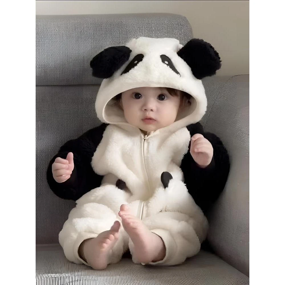 【加绒加棉】冬季新款男女宝宝可爱呆萌拉链连帽时尚熊猫家居服哈衣