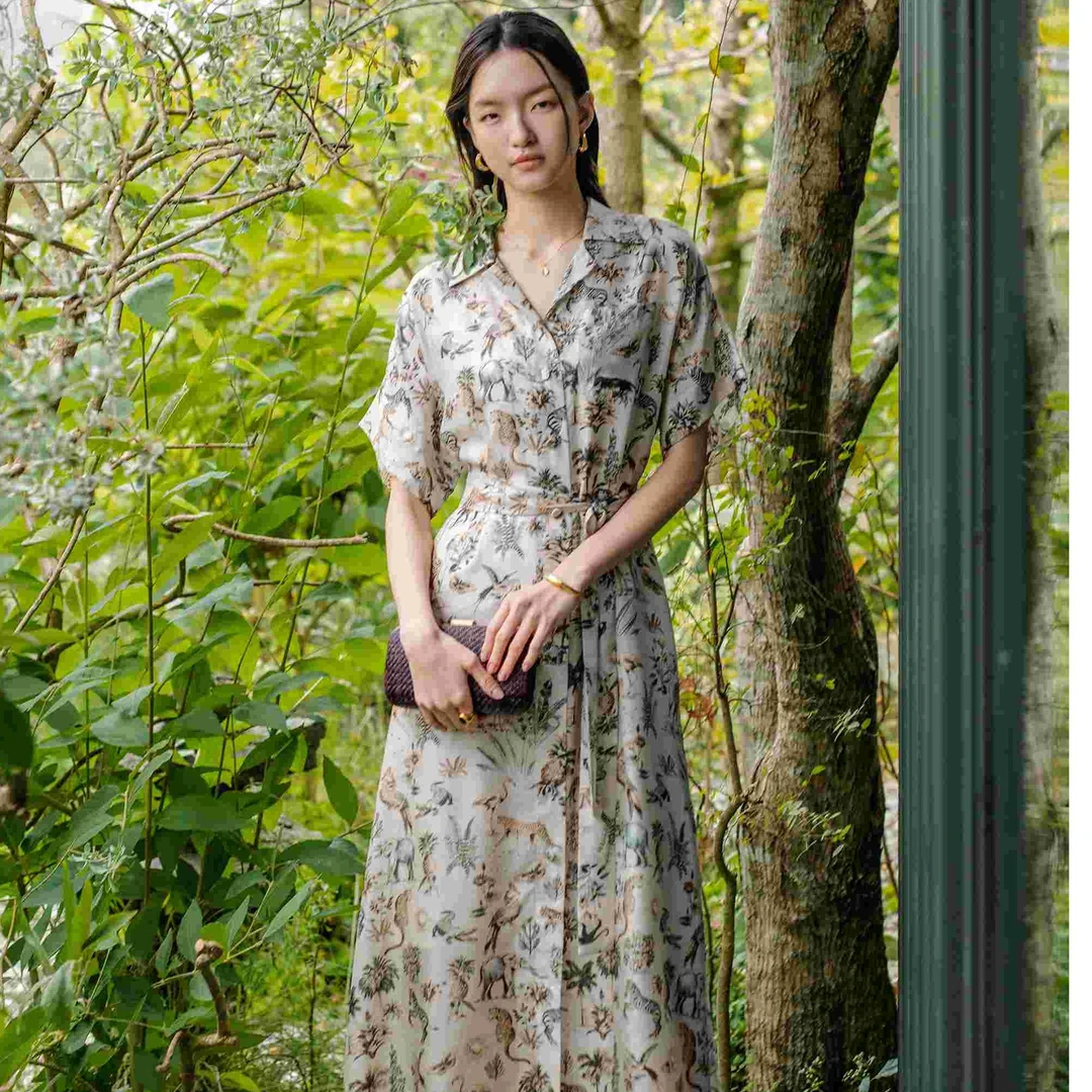 PESARO长袖复古风短袖常规印花连衣裙长裙长款翻领优雅夏季