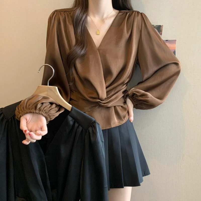 2025新款衬衫缎面醋酸V领收腰修身长袖套头上衣