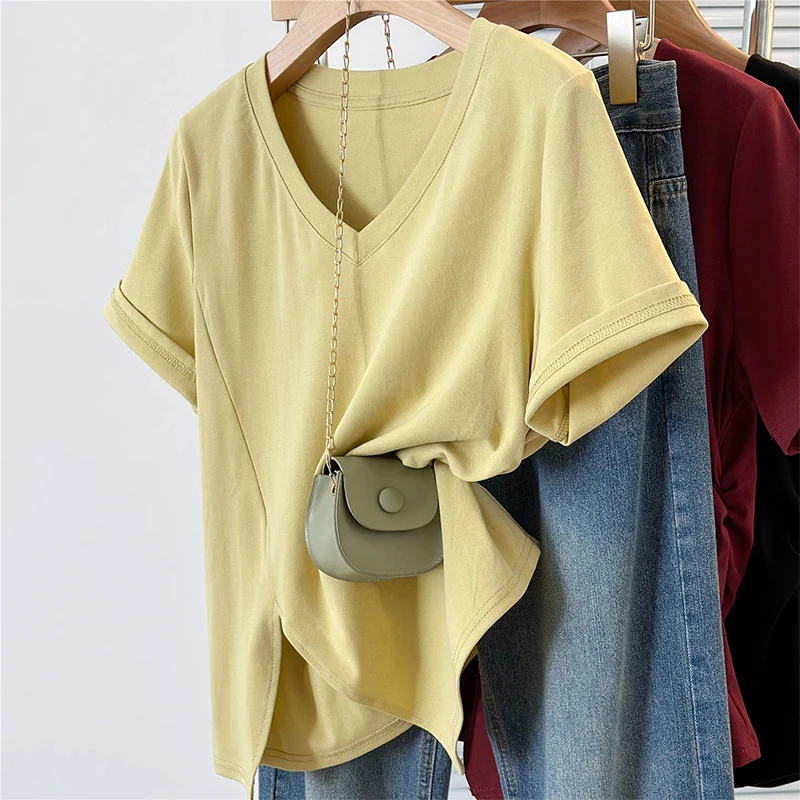 大码气质简约v领开叉短袖t恤女夏季微胖mm宽松显瘦不规则纯色上衣
