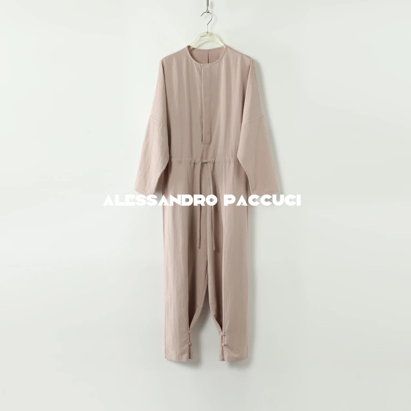 AP洛哥43168KL【浅淡】莱赛尔粉色腰间抽绳极简风圆领廓形连体裤