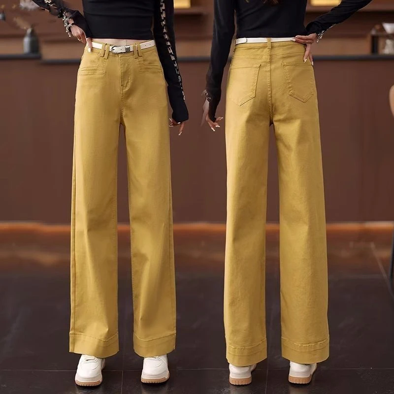 姜黄色牛仔阔腿裤女2025春夏新款垂感休闲小个子流行窄版直筒裤子