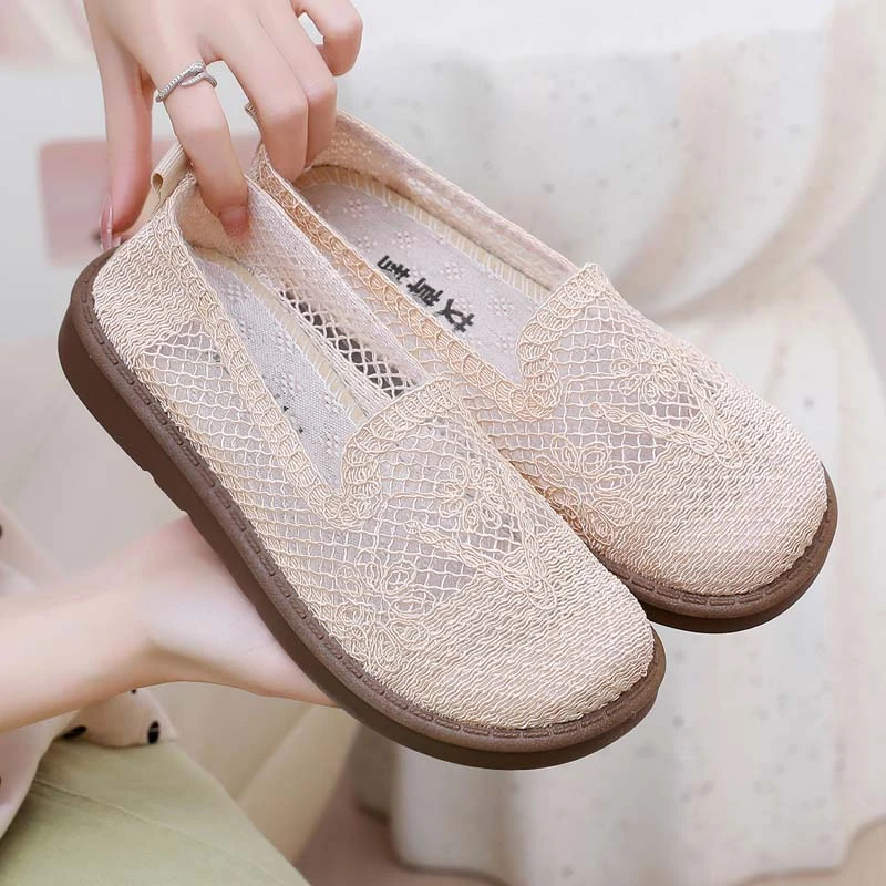 夏新款老北京布鞋女透气网面软底一脚蹬蕾丝百搭休闲鞋平底妈妈鞋
